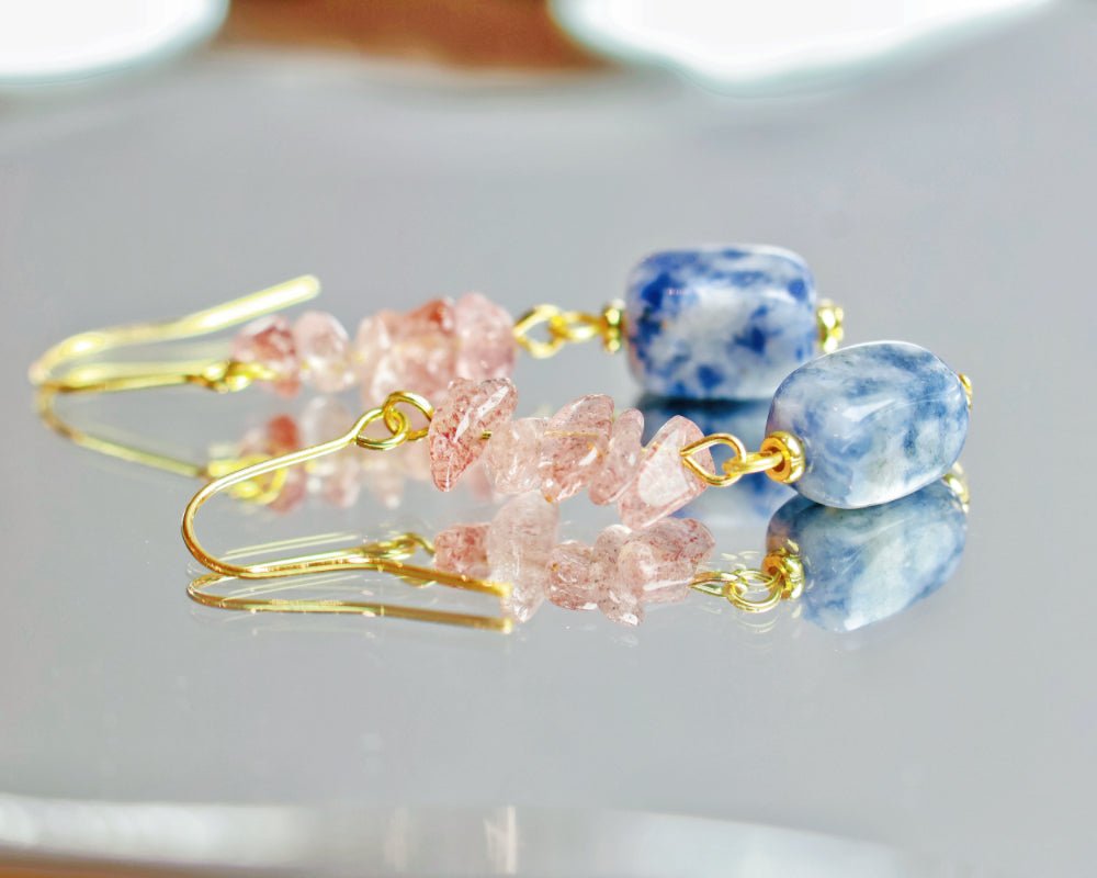 Strawberry Quartz & Blue Aventurine Earrings - Loving Communication & Heart Healing - wellspringcollectives