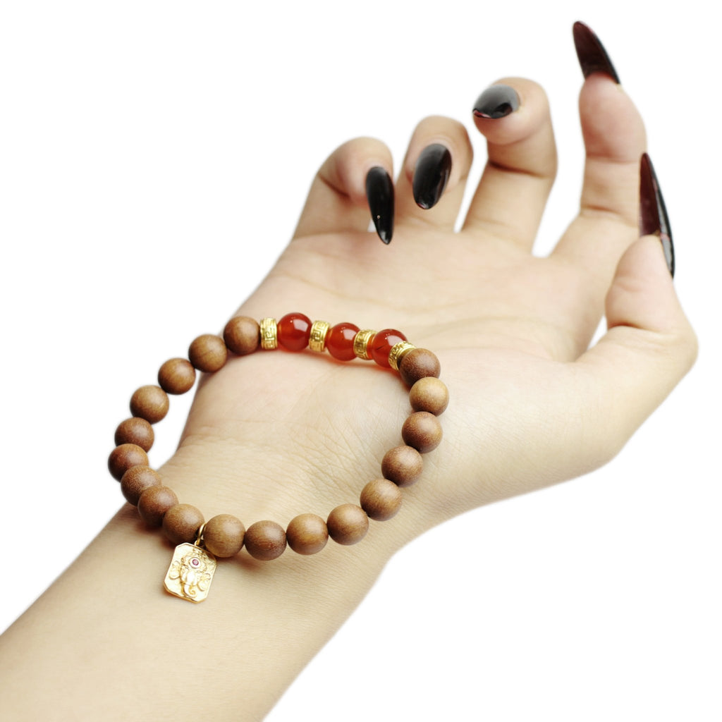 8mm Sandalwood & Red Agate Bracelet with Ganesha - Success & Grounding - wellspringcollectives