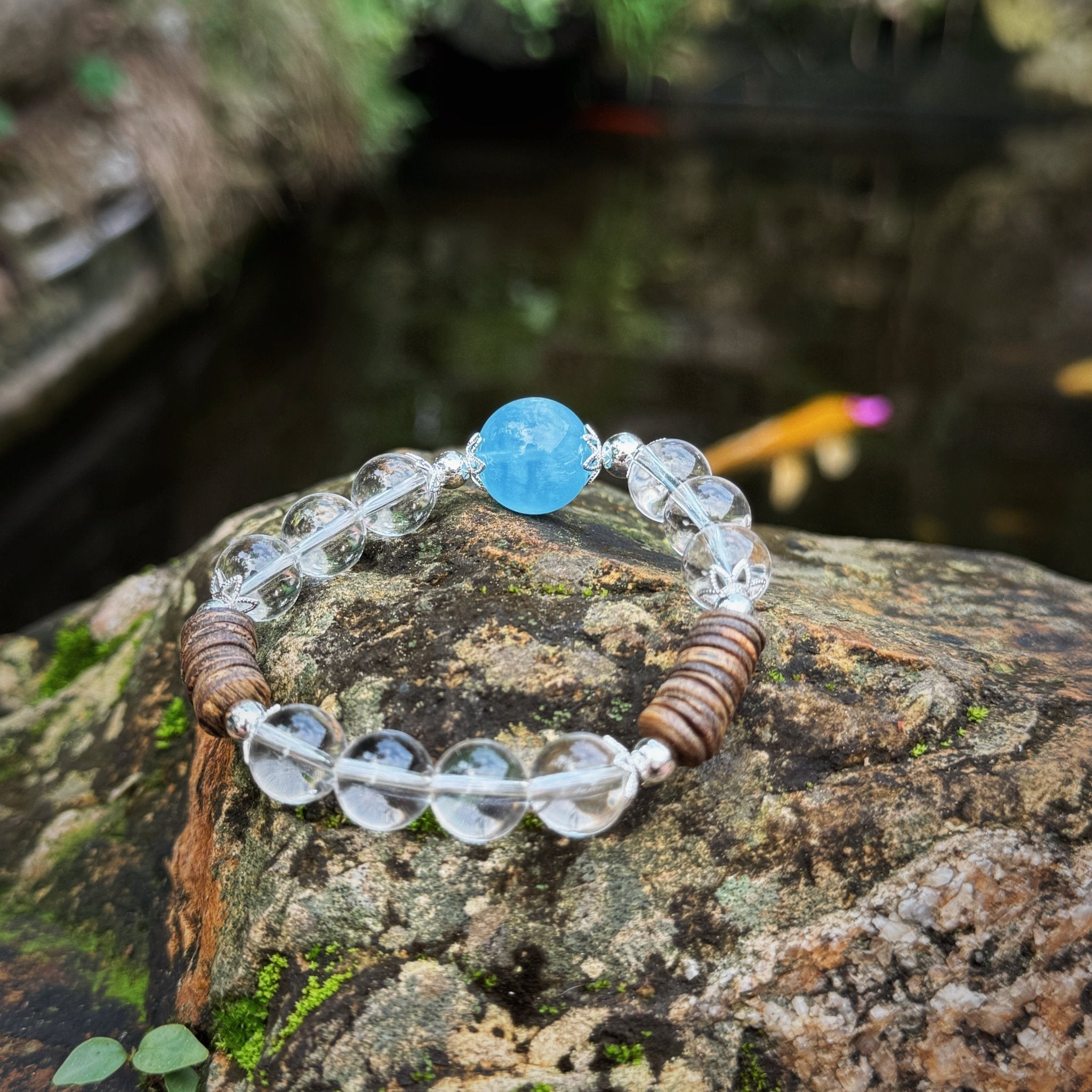 Agarwood Clear Quartz Aquamarine Bracelet - Calm Clarity & Truthful Communication - wellspringcollectives