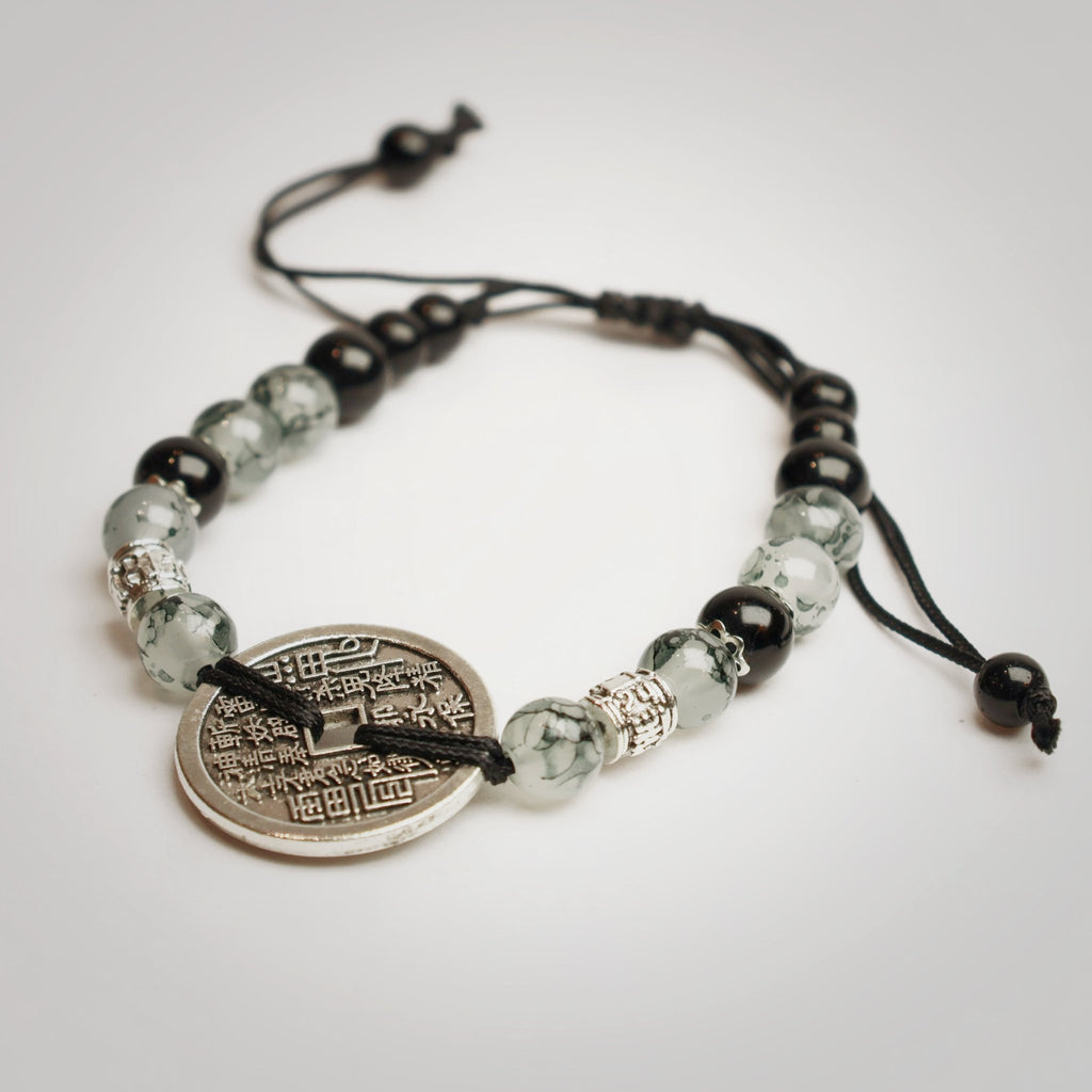 Guardian Talisman Bracelet - Landscape Jade, Black Obsidian & Shan Gui Coin - wellspringcollectives