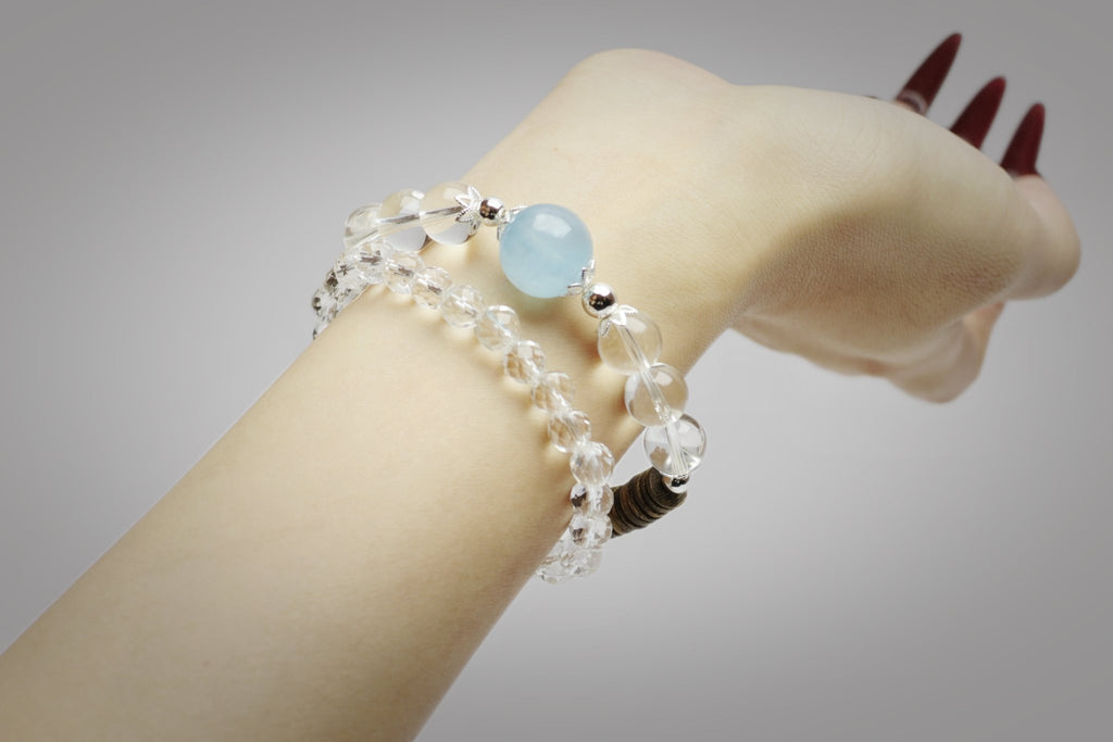 Agarwood Clear Quartz Aquamarine Bracelet - Calm Clarity & Truthful Communication - wellspringcollectives