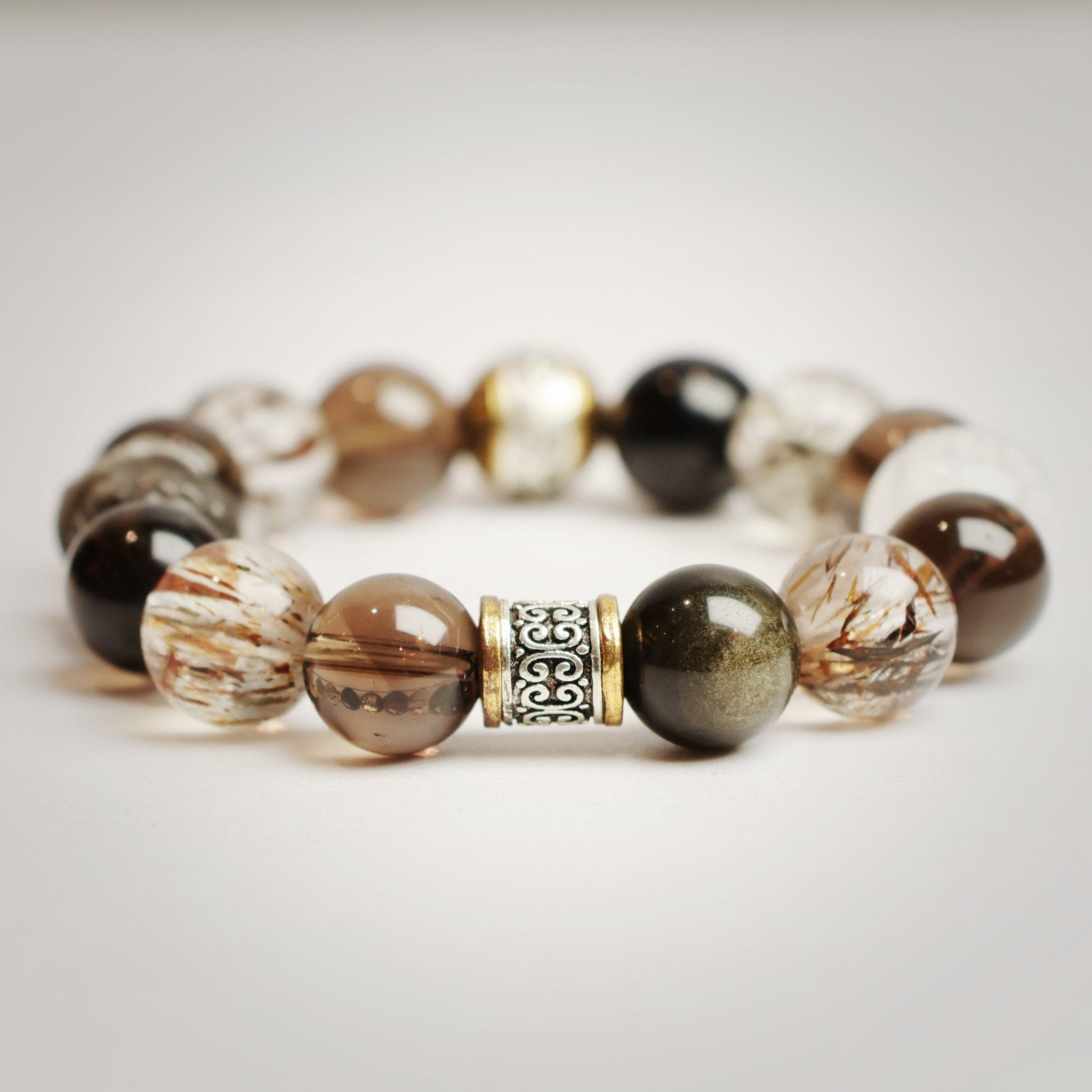 Guardian Lion Crystal Bracelet - Smoky Quartz & Silver Sheen Obsidian - wellspringcollectives