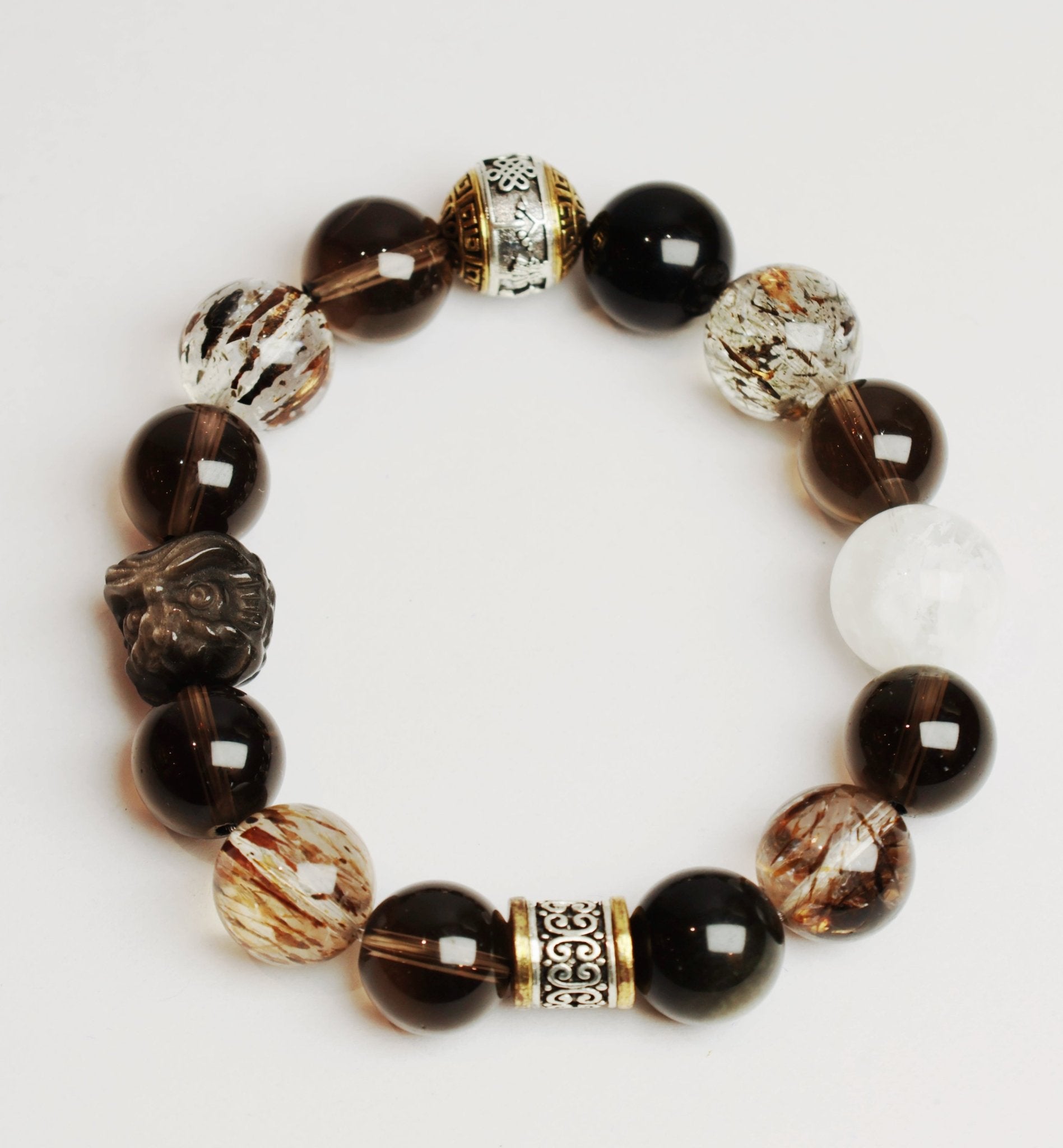 Guardian Lion Crystal Bracelet - Smoky Quartz & Silver Sheen Obsidian - wellspringcollectives