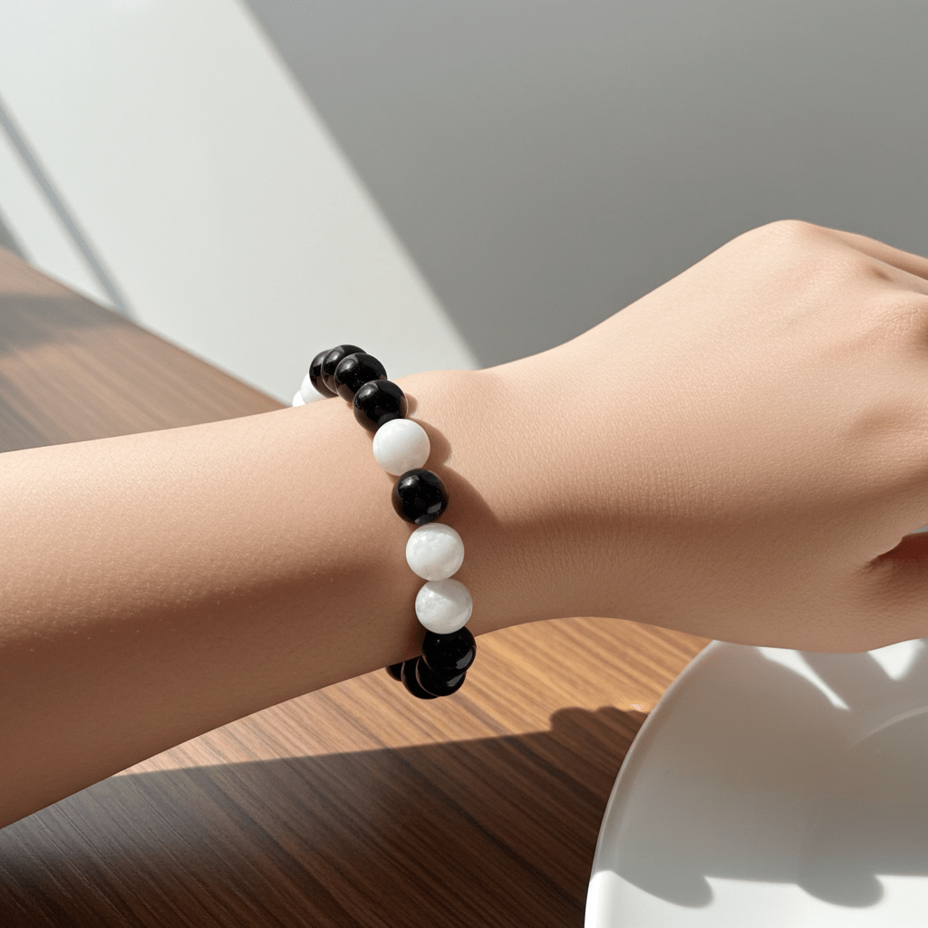 "Infinite " Black Obsidian & White Ghost Quartz Bracelet - wellspringcollectives