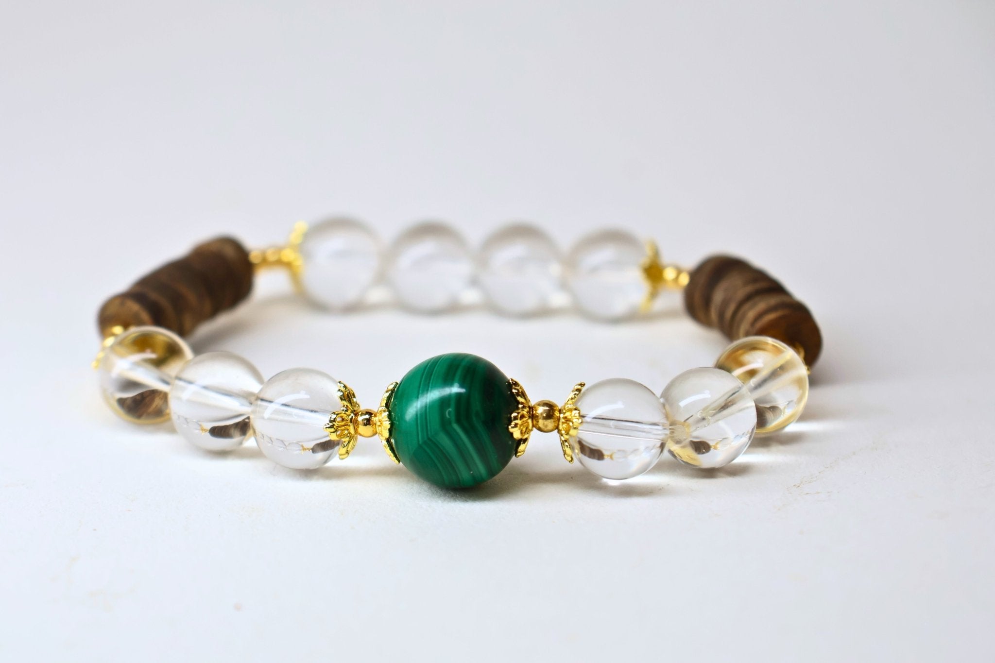 8mm Agarwood Bracelet with Clear Quartz & Malachite - Grounding & Transformation - wellspringcollectives